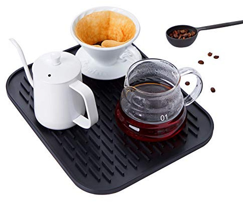 Necery Drying Mat for Pour Over Coffee Maker Set Bar Service Spill Mat Heat Resistant Silicon Mats Counter Top Dryer Pad Food Grade Glassware Drainer Black