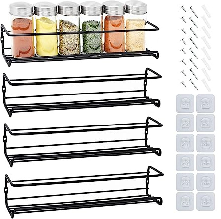 joeji's Kitchen 4 Tier Metal Spice Racks, Wall Mounted Spice Jar Storage Rack Organiser. Hanging Spice Rack for Inside Cupboard, Strong Adhesive No Drill for Spices Condiments Cooking Tools Black…