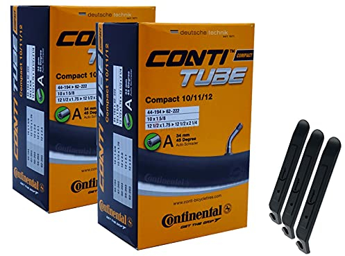 pneugo! Set 2 x Continental Fahrradschlauch 12 Zoll Autoventil 44-194/62-203 (Compact) + 3 Reifenheber
