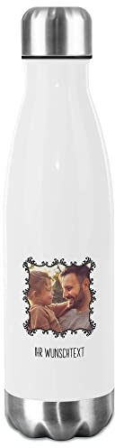 Trinkflasche Edelstahl selbst gestalten mit Foto im Rahmen & Text - Thermosflasche, Wasserflasche BPA-frei, Camping, Schule, Sport I Personalisiertes Geschenk, Schwarzer Rahmen 2, 500 ml