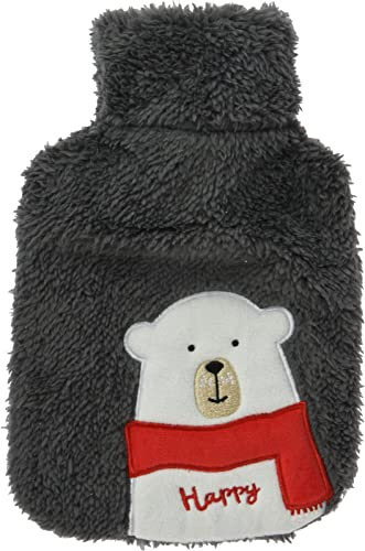 Wärmflasche mit flauschig weichem Plüschbezug und süßer Tiermotiv -Stickerei, 28 x 18 cm 0,85 Liter (Eisbär)