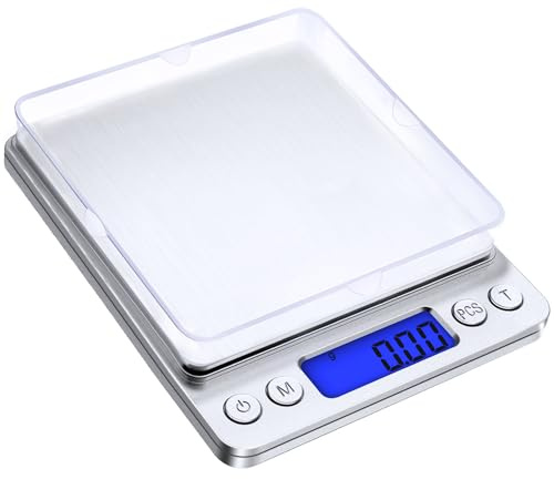 Diyife Fin Våg 500 g/0,01 g, Brevvåg, Fickvåg, Hög Precision | LCD-skärm med Bakgrundsbelysning, Köksvåg med Tareringsfunktion och PCS, med Bricka