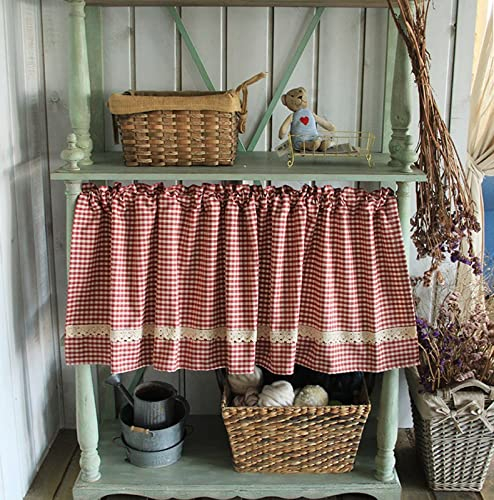 A.Monamour Cotton Red White Plaid Check Lace Rural Farmhouse Half Short Checked Gingham Kitchen Curtain Window Treatment Valance for Small Window Café Bistro
