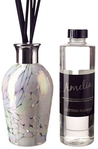 Amelia Art Glass Reed Diffuser Dome - White with Cotton Flower Fragrance & Gift Bag, Height 14cm with reeds 25cm