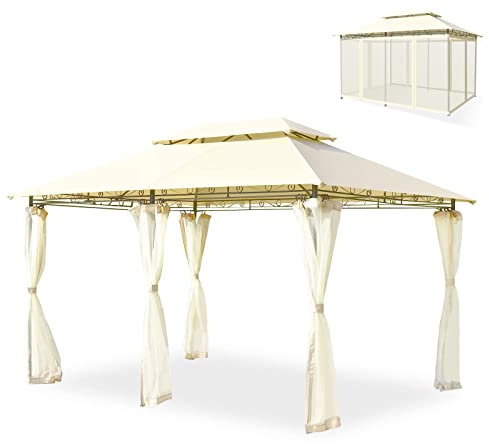 SPOTRAVEL 4 x 3M Outdoor Patio Gazebo, Canopy Marquee Party Tent with Mesh Sidewalls and Double Roofs, Garden Pavillion Sun Shelter for Wedding & Camping Event (Beige)