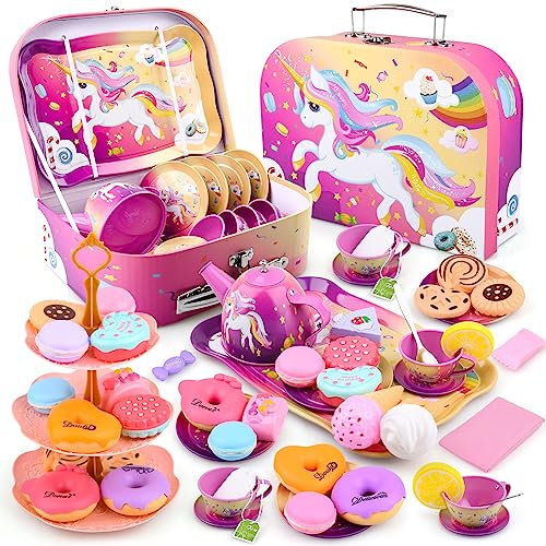 ARANEE Teeservice Kinder Teeparty Rollenspiel Spielzeug Tragekoffer für kleine Mädchen Zinn Tee Set mit Teefilterbeuteln und Zitronenscheiben (Einhorn)