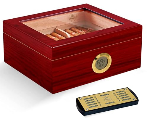 Slege Zigarren Humidor, Spanische Zeder Humidor Zigarren, Zigarrenschrank mit Digitale Hygrometer,INOX Befeuchter,Teiler,Zigarrenbox Zigarrenzubehör,Männer Geschenk,30~50 Zigarren(Kirschrot)