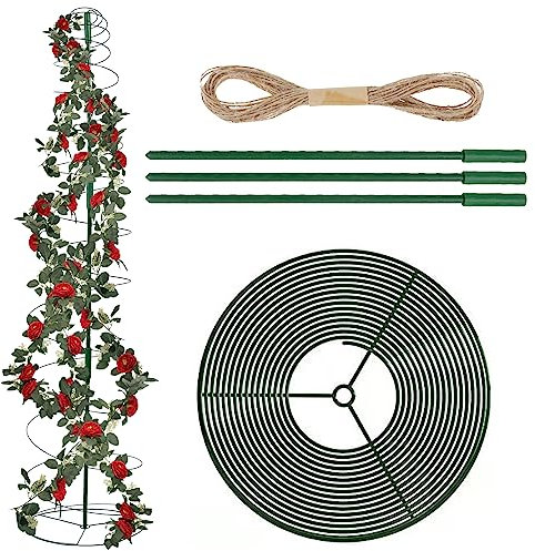 Spiral Plant Support Ring Garden Tomato Climbing Frame with 3 Poles & Rope Stretchable Tower Shape Plant Grow Stakes for Vegtables Flowers Fruit