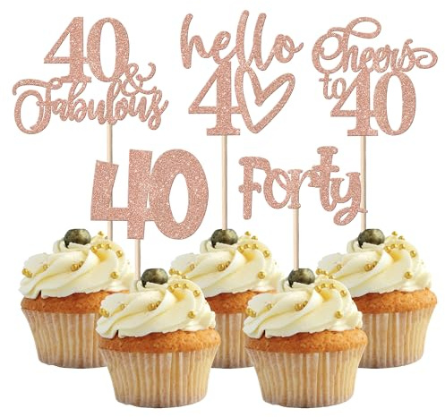 SYKYCTCY 30 Pack 40th Birthday Cupcake Toppers Glitter Forty Fabulous 40 Cheers to 40 Cupcake Picks Hello 40 Birthday Happy 40th Birthday Cupcake Decorations Anniversary Party Supplies Rose Gold