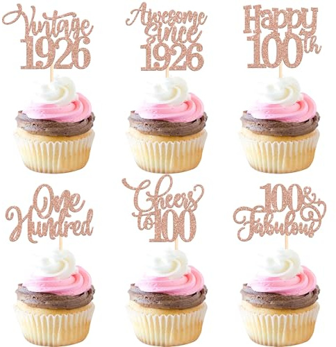 SYKYCTCY 24 Pack 100th Birthday Cupcake Toppers Glitter One Hundred 100 Fabulous Vintage 1926 Cupcake Picks Awesome Since 1926 Cake Decorations for 100th Birthday Anniversary Party Supplies
