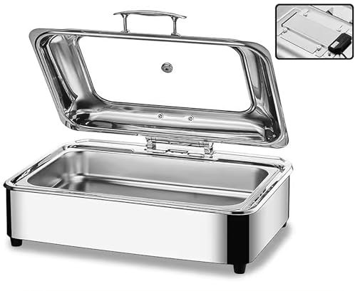 Chafing Dish Elektrisch, 9L Edelstahl Speisenwärmer Warmhaltebehälter mit Sichtbarem Glasdeckel, Elektrischer Buffetwärmer für Partys und Bankette, Einstellbarer Temperatur(Size:GN1/1)