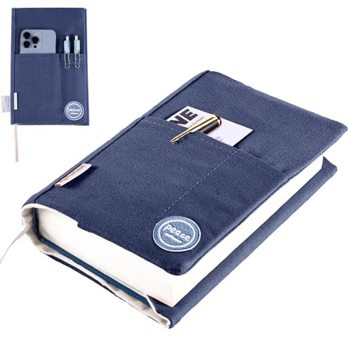 APLUFINE Buchumschläge aus Segeltuch mit Stickerei-Aufnäher, waschbarer Buchschutz, niedlicher Buchumschlag für Taschenbuch-Romane, verstellbarer Buchumschlag für Hardcover mit Taschen für Stift,