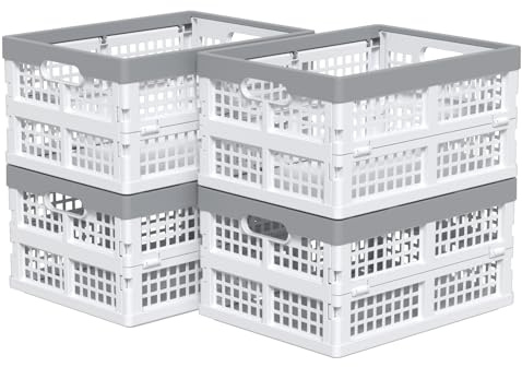Uumitty 4 Packs 15 Liter Small Collapsible Heavy Duty Storage Bin/Container, Plastic Stackable Utility Folding Crate Basket, White