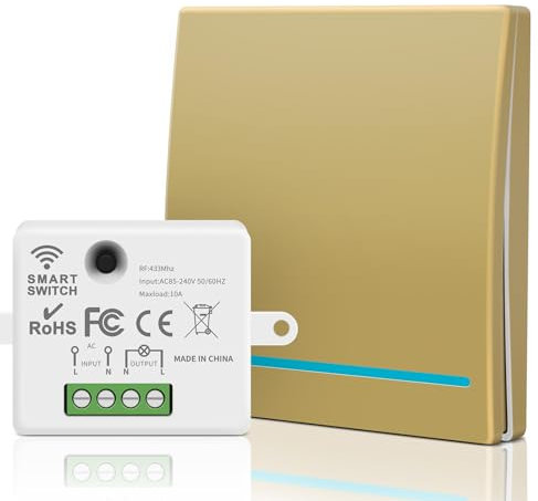 Aroidful Wireless Light Switch Kit - Remote Control, 250V, No Wiring Easy Installation, 30m Range - Self-Powered Relocate On/Off RF Switch for Lamps (Gold)