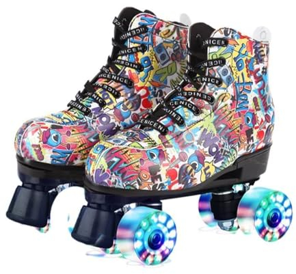 BMOZRM Rollschuhe Damen Vier Räder Rollerskates for Erwachsene Blitz Doppelreihe Rollschuhe Damen for Mädchen Jungen Schläfrig (Color : Black Doodle+Flash Wheel, Size : 43 EU)