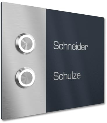 Graviers Design Zweifamilienhaus Klingel mit LED Klingeltaster 2 Namen Gravur - V2A Edelstahl Türklingel 140x115 mm Pulverbeschichtet RAL 7016 - Unterputz wählbar Aufputz für Haustür 2-fach