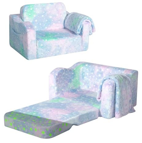 MeMoreCool Kindersofa Ausklappbar, 2-in-1 Kleinkinder Schlafsofa, Kindersessel mit Schlaffunktion, Mini Couch für Kuschelecke Kinderzimmer, Fancy Spielsofa für Mädchen und Jungen, Bunte Sterne