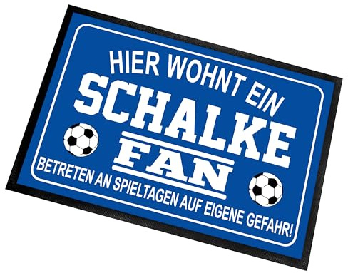 Herzbotschaft Fußmatte für Fußball Fans | Türmatte mit Spruch | 60x40cm | Hier wohnt EIN Schalke Fan - Betreten an Spieltagen auf eigene Gefahr! | für innen und außen | Vorleger für die Haustür/Flur