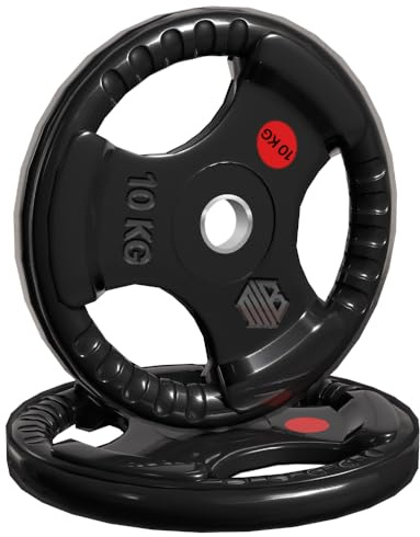 ManiBoom Discos Pesas Hierro ENGOMADO 30mm y 50mm Olimpica con Anillo Interior de Acero y Triple Agarre ERGONOMICO - Disco para Barra o Mancuernas 2,5kg, 5kg, 10kg, 15kg, 20kg (Ø30MM - 2 x 10KG)