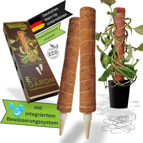 EGARDN Moosstab mit Bewässerung – Kokosstab & Rankhilfe für Monstera, Efeutute & Kletterpflanzen, automatische Gießhilfe, 2er-Set inkl. Edelstahl-Nadeln, Pflanzenstütze für Zimmerpflanzen