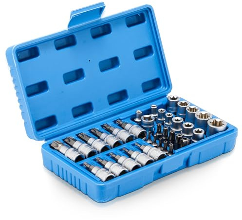 GEARCELL 34PCS Torx Socket Set, Female E Torx Star Socket Set E4-E20, Tamper Proof Torx Bit Set T10-T60, 5/16” & 3/8” Drive, CR-V & S2 Steel for Automotive & DIY Repair