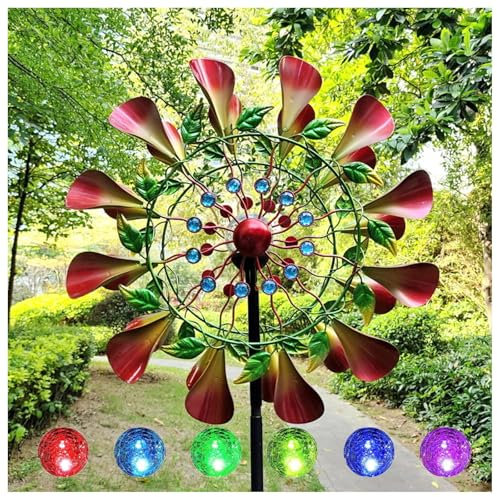 Ruiseawing Moulin à Vent en métal de 83 Pouces pour la Cour Windspinners Changement de Couleur LED Boule de Verre à énergie Solaire Jardin Art Wind Spinner