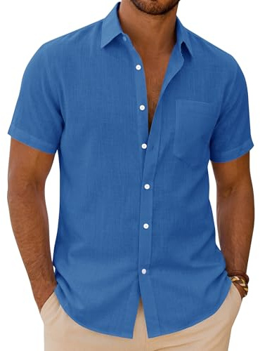 siliteelon Mens Linen Shirts Short Sleeve Summer Shirt Regular Fit Casual Cotton Holiday Beach Tops with Pocket