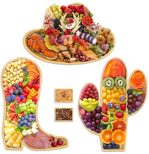 3 Pcs Wooden Cowboy & Cactus Charcuterie Boards with 2 Dipping Saucers | Bamboo Serving Tray, Durable, Easy to Clean, Not Easy to Break, Food Platters for Parties, Wedding, Birthday Decor