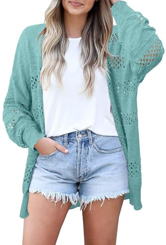 Womens Crochet Cardigan Long Sleeve Solid Sweaters Kimonos Boho Beach Coverups Oversized Open Front Outwear Trendy