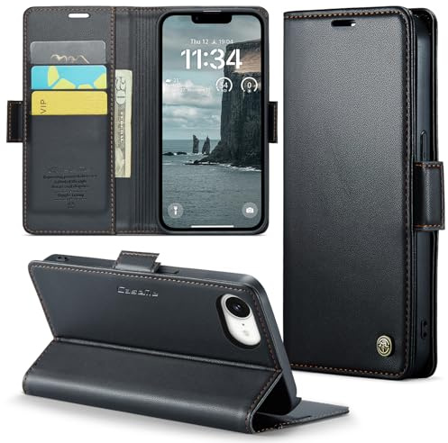 Rerzoiro fodral för Apple iPhone 16e, premium PU-läder telefonfodral med RFID-blockering, ställ, kortplats, magnetiskt skydd, flip bok plånboksfodral för iPhone 16e, Svart