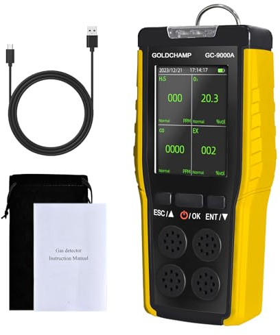 4-in-1 Portable Gas Detector for Combustible/O2/H2S/CO, Gas Leak Detectors | Gas Detector with Sound/Light/Vibration indicators & LCD Display Explosion-Proof for Steel Mills Mining Fire Tunnels 9000A