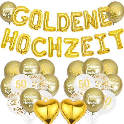 Goldene Hochzeit Deko Luftballons Set - 40 Stück 50 Hochzeitstag Dekoration Gold Weiß Ballons, Buchstaben Folienballon und Konfettiballons zum 50. Jubiläum Party Dekorationen