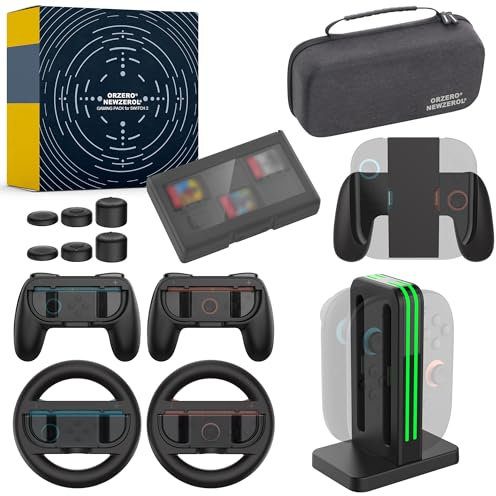 (14 in 1) Newzerol Accessories Bundle for Switch 2 2025 Carrying Case & Joy-con Charging Station, 24 Slots Game Card Case, Thumb Grip Caps, Joycon Grips, Steering Wheels for Enhanced Gaming- Gift box