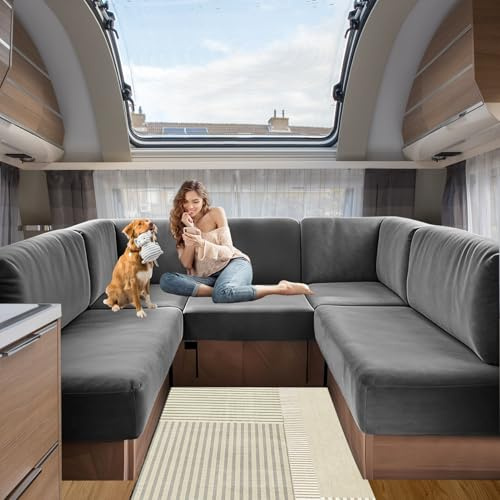 SHUOJIA Bezüge für Wohnwagenpolster Samt, rutschfeste Wohnmobil Sitzbezüge mit Cord, Sofa Sitzkissenbezug für Schonbezug Wohnwagen Polster, Waschbar (Dark Grey,W60-90 cm,D30-55 cm)