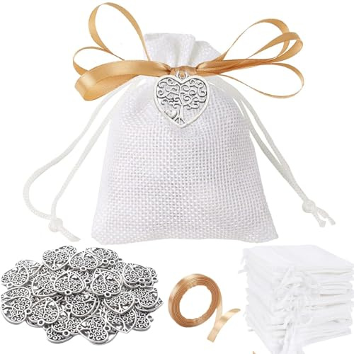 10 Stück Geschenkverpackung Kommunion, Geschenkverpackung Konfirmation, Gastgeschenke Taufe Hochzeit mit Lebensbaum Deko und Goldenes Band, für Kommunion Gastgeschenke Konfirmation Taufe Geschenk