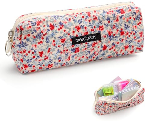 HENGBIRD Trousse Scolaire Velours Côtelé, Trousse à Crayons Fleurie - Trousse École Aesthetic Petite et Multifonction pour Fournitures, Maquillage, Bureau et Voyage