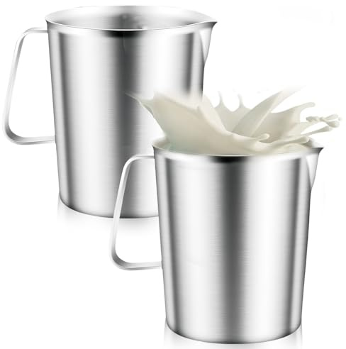 2 Stück Messbecher Edelstahl 1L, Milchkännchen mit Markierung mit Griff, 304 Spülmaschinengeeignet Milchaufschäumbecher Messbecher, für Milchaufschäumer oder Küche