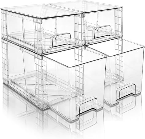 XWYWX 4er Set Stapelbare Aufbewahrungsschubladen, Hochfeste Klare Acryl Organizer mit Griffen Leicht Montierbar Kunststoffschubladen für Bad Küche Schrank Vorratskammer und Unterschrank