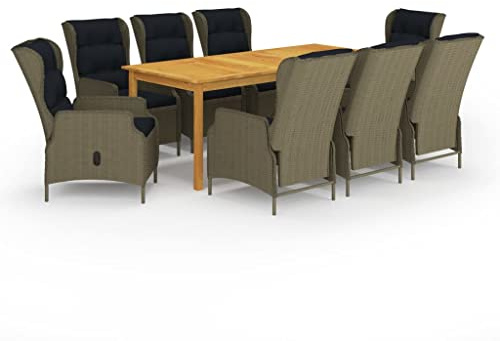QJBSAVVA 9-TLG. Garten-Essgruppe aus Akazienholz & PE-Rattan L 200 cm mit Liegefunktion und klappbarer Rückenlehne Robust und Modernes Design für Garten Balkon und Terrasse