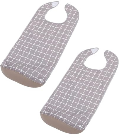 TOBBOMEY Lot de 2 Bavoirs Imperméables pour Adultes Seniors avec Récupérateur de Miettes Col Ajusté Protection Complète Épaules et Poitrine Lavables et Réutilisables Gris à Carreaux