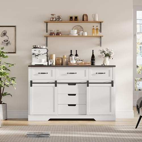 Farmhouse 6 Drawers Dresser for Bedroom with Sliding Barn Doors, 47 Sideboard Cabinet Rustic Storage Cabinets with Sliding Barn Door, Coffee Bar for Dinning Room, Kitchen, Hallway, and Living Room