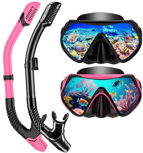Schnorchelset für Erwachsene, mit Nebelbrille und Trockenrohr, Profi Tauchmaske aus gehärtetem Glas, Schnorcheln (Schwarz + Rosa)