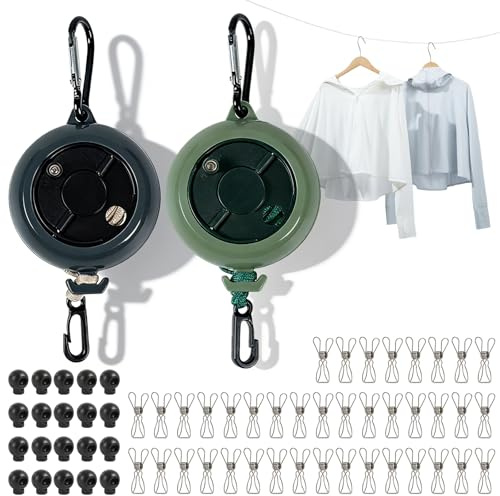 Tvättlina utdragbar camping, utdragbar tvättlina med handvev 10 m, lastkapacitet 50 kg, inkl. 20 klämmor, 10 fasta spännen, set om 2 svart/grön, för husbil, vanliv och backpacking