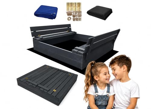 ECOTRAPS Sandkasten mit Abdeckung - 120 x 120 cm - Sandkasten Holz mit Deckel & Sitzbänken - Gartenspielzeug für Kinder - Sandkiste Imprägniert - Sandbox (Anthrazit)