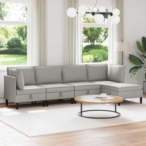 sephironlbb Wohnzimmergarnitur 5-teilig Hellgrau Stoff Ecksofa Couch mit Schlaffunktion und Bettkasten, Polstergarnitur mit Ottomane, Relaxfunktion für Wohnzimmer Gästezimmer Jugendzimmer
