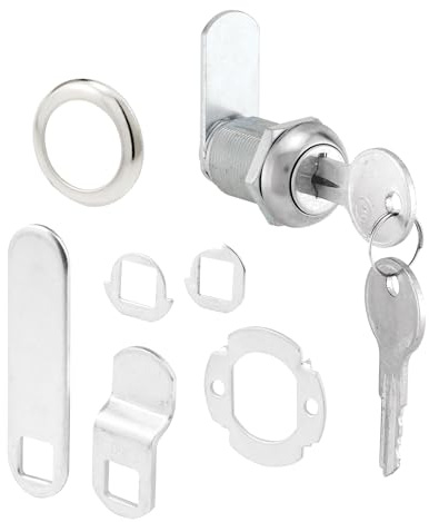 Prime-Line U 9943 Diecast Drawer and Cabinet Lock – 3 Cams, Trim Collar, 2 Washers, 2 Keys and Fasteners – 7/8 In. Length for 9/16 In. Max Panel Thickness, Stainless Steel (1 Set)