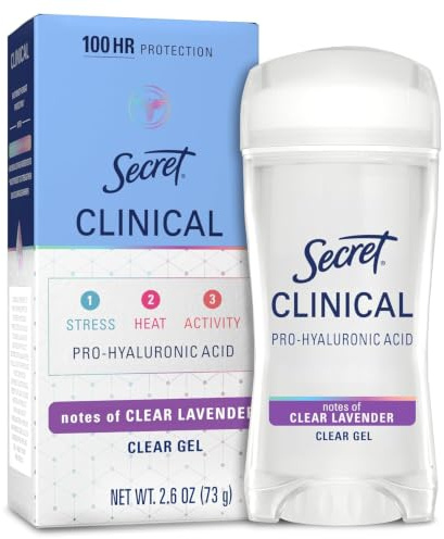 Secret Clinical Strength 100HR Sweat & Odor, Clear Gel Antiperspirant Deodorant for Women, 3X Stress Protection with Hyaluronic Acid, PH Balancing Minerals, Clear Lavender Scent, 2.6 oz