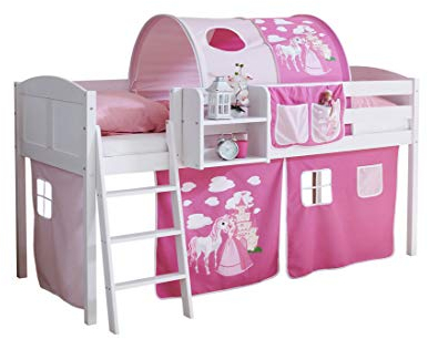 TiCAA Hochbett, Kinderbett Spielbett mit Treppe aus Kiefer Massivholz Bettgestell 90 x 200