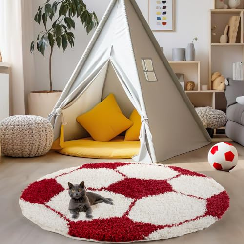 Carpettex Kinderteppich Fußball-Design Rot 100 cm Rund - Hochflor Teppich Kinderzimmer für Mädchen und Jungen Super Weich Flauschig - Runder Spielteppich Babyteppich Gaming Teppich Babyzimmer