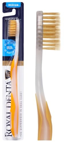 Royal Denta Cepillo de dientes manual para adultos, cepillo de dientes medio suave con cerdas doradas de doble longitud, interdental, cepillo de hilo dental y blanqueamiento de dientes, mango